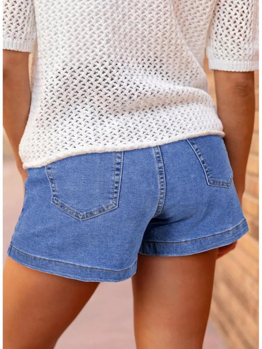 Women's Dusk Blue High Waisted Stretchy Shorts Double Button Denim Jean Shorts